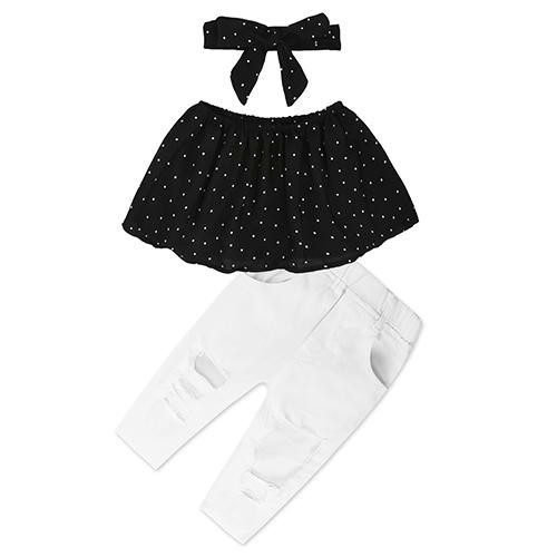 Discount Fashion Girls Suit Stripe Tops +Pants 2 Pieces The Strapless Set Kids Bowknot Hole White Pants Childrens Clothing Set