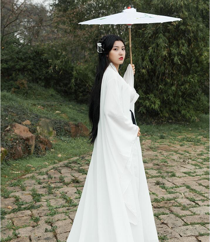 High End Oriental Girl White Costume Ancient China Fairy Hanfu Dress East Asian Style Fresh Elegant Sword Lady chinese folk dance clothes