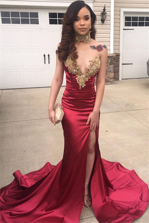 Sweetheart Burgundy Mermaid Prom Dresses 2019 Sleeveless Lace Applique Evening Gowns Side Split Cocktail Party Dresses robes de soirée