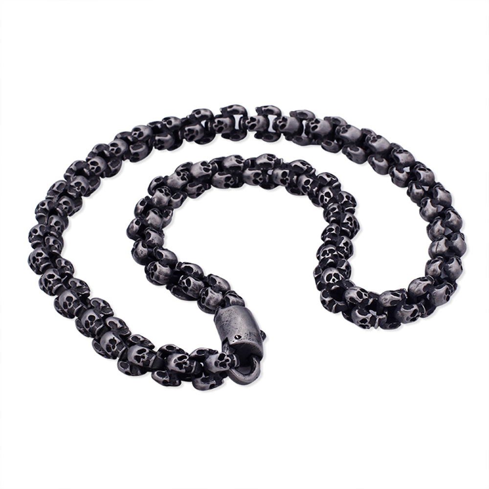 Punk Long Matte Skull Necklace For Men Women Gold Stainless Steel Brushed Viking Skeleton Charm Bike Biker Link Chain Necklace Male Gothic Jewelry