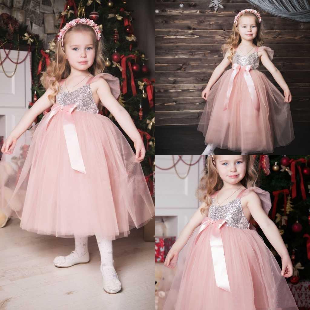 sparkling Sequined Girls Pageant Gowns with Bow Sash Kids Birthday Prom Dress lovely Light Pink Tulle Flower Girl Dresses for Wedding