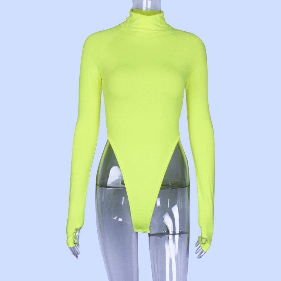 Sexy Turtleneck Black Bodysuit Stretch Thong Bodysuit Long Sleeve Women Romper Bodycon Jumpsuit High Cut Green Orange Bodysuit