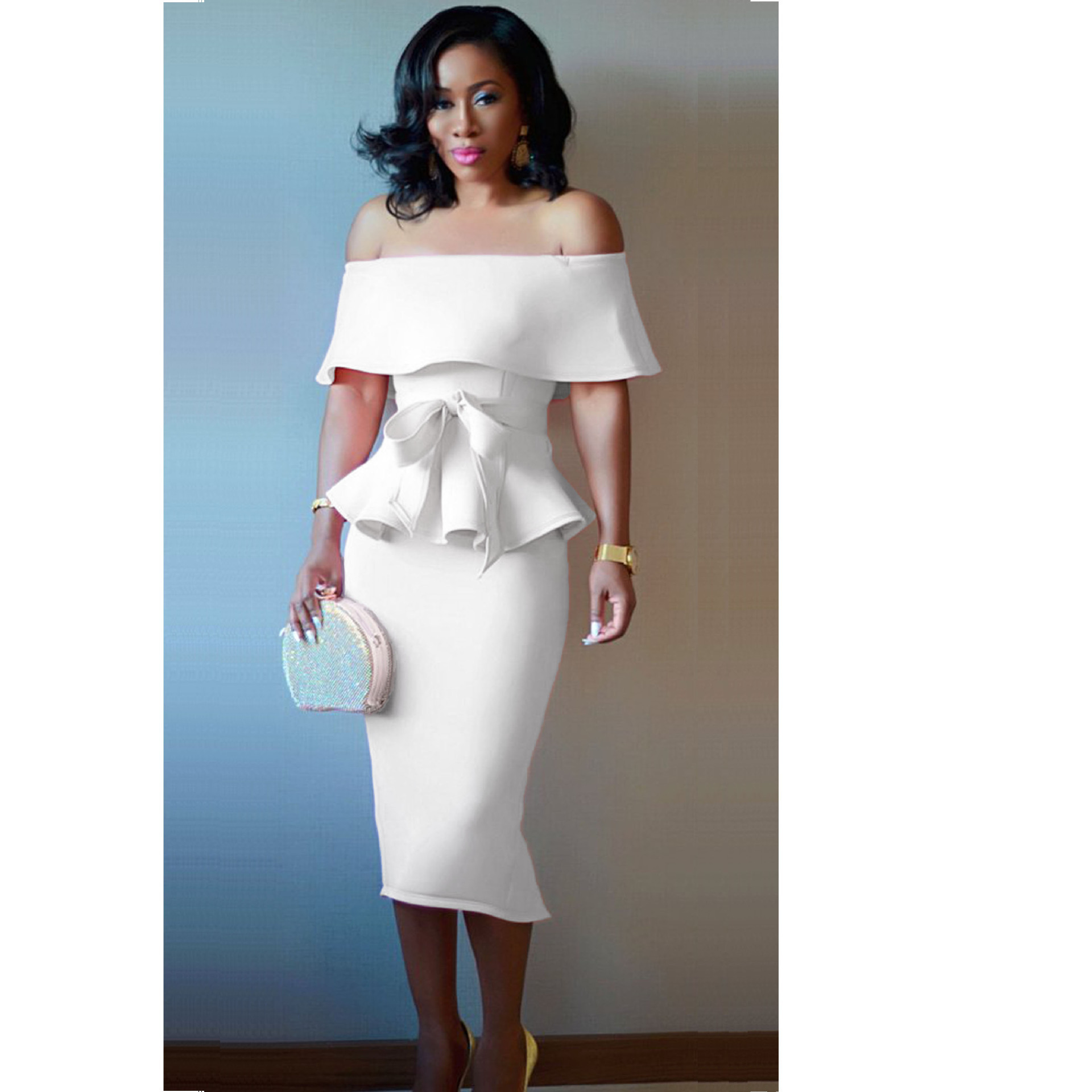 Fashion Women Dress Sexy Dress Two Piece Dress Vintage Summer White Pink Strapless Shoulder Off Lotus Summer Evening Party Wear Y190514