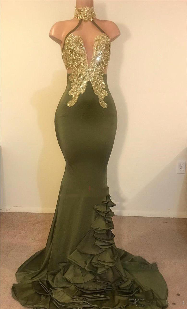 Sexy Mermaid Olive Green Prom Dresses Halter Neck Gold Appliques Backless Stretchy Satin Long Evening Gowns Vestidos Custom Made Party Dress