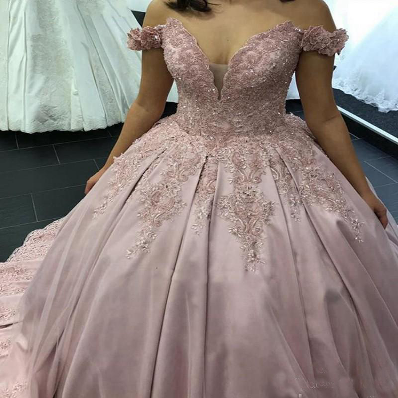 Dusty Pink Ball Gown Quinceanera Dresses Beaded Appliques Prom Gowns Off-the-shoulder Mexico Sweet 16 Celebrity Gowns