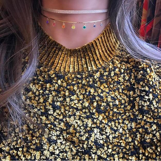 Wholesale- Torques necklace gold plated rainbow colorful cz drop round dots matal wire open cuff collar choker necklaces