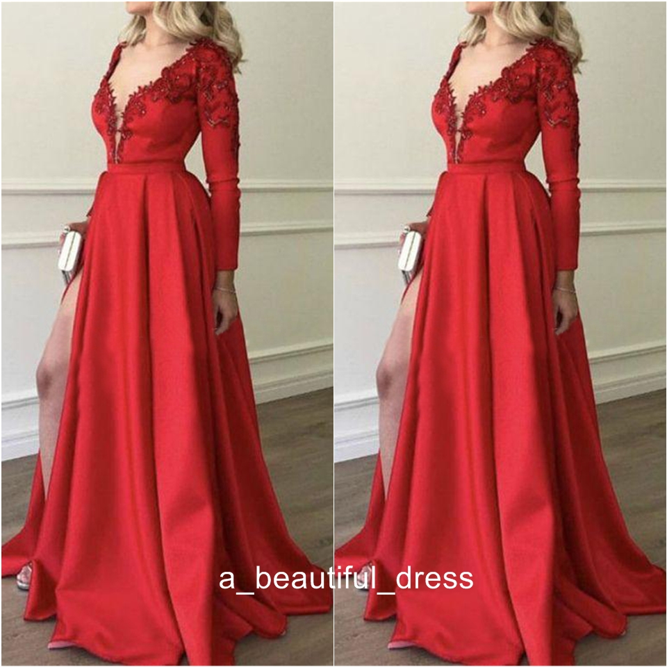 Red Lace Stain Evening Occasion Gowns With Long Sleeve Sexy V-neck Split Full length Women Runway Party Celebrity Prom Dresses ED1140