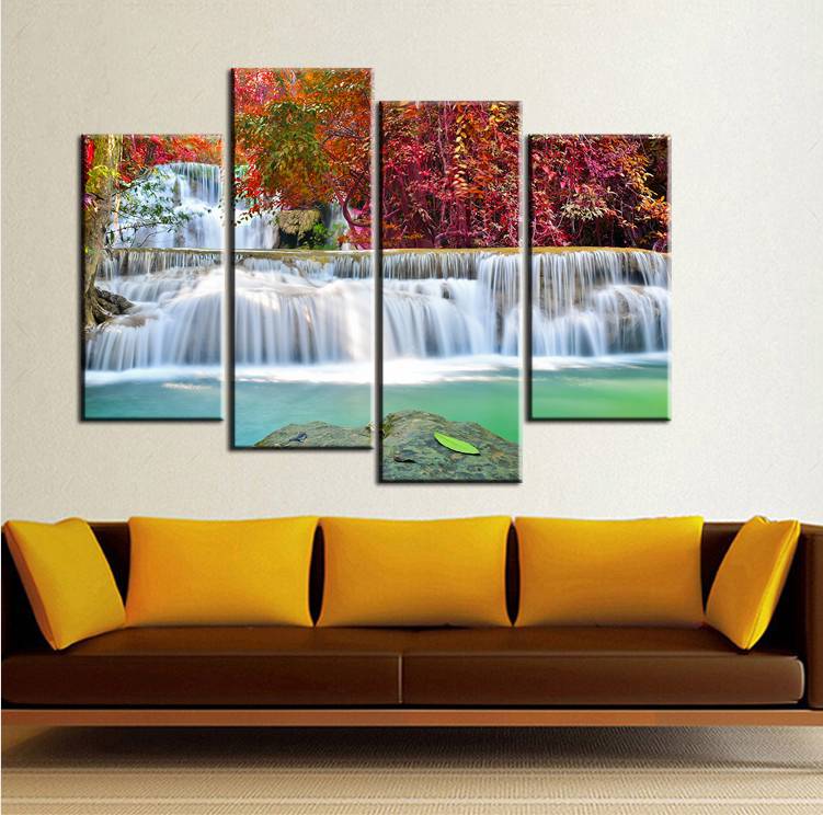 Wall Art Picture Unframed Canvas Painting Red Trees and Two Falls Home Decor