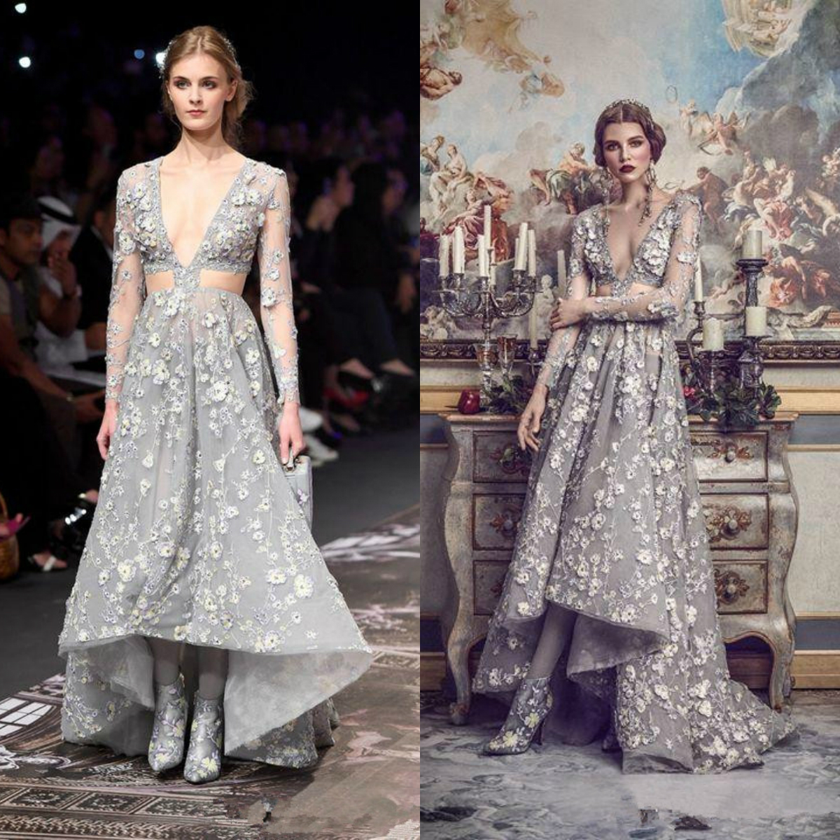 New Great Gatsby Long Sleeve High Low Prom Dresses Michael Cinco luxury 3D Applique Floral Cutside Occasion Evening Gowns Formal Wear