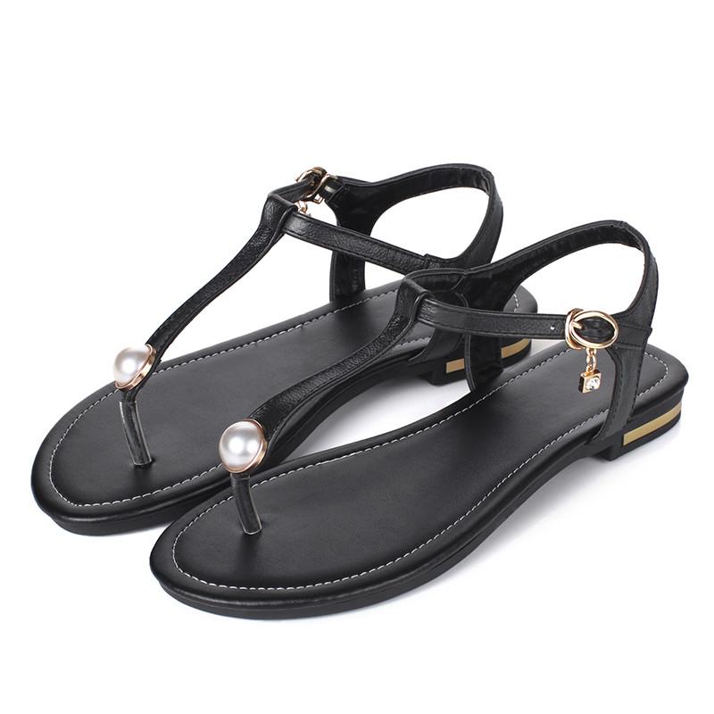 Hot Sale-New 2019 Summer Leather Flip Flops Women Shoes Gladiator Casual Flat Sandal Woman white Black