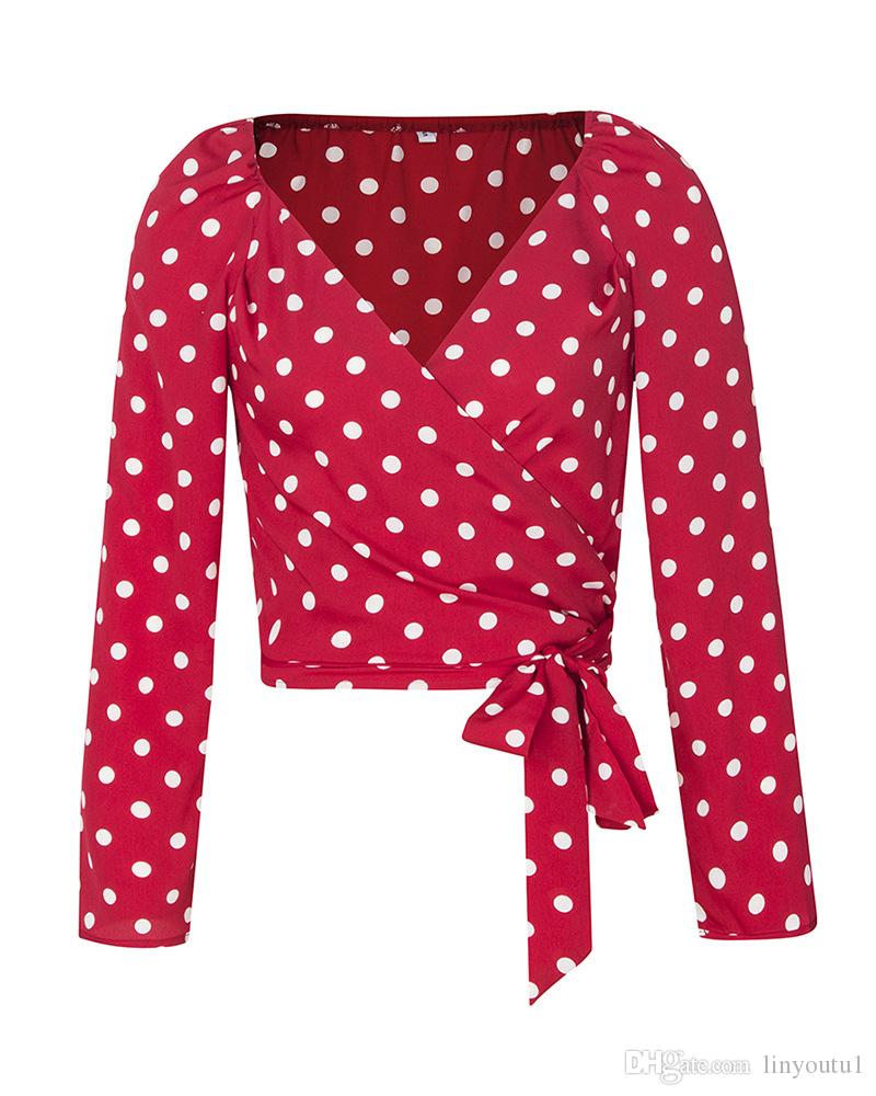 2020 Women Sexy Long Puff Sleeve V-Neck Polka Dot Ruched Blouse Shirt With Belt V-neck wave puff sleeve with belt shirt