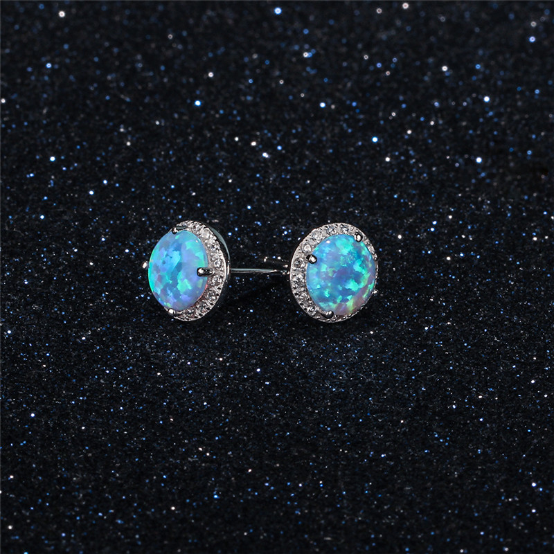New Simple 925 Sterling Silver Stud Earrings Round Blue Fire Opal Earrings with Cubic Zirconia Wedding Jewelry Gift