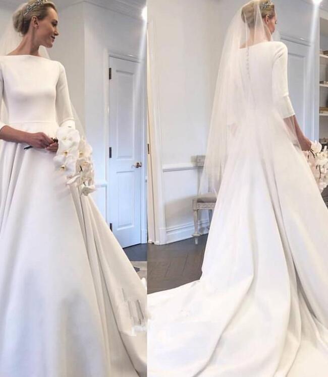 Vestido De Noiva 2020 Elegant Muslim Wedding Dresses Boat Neck 3/4 Sleeves Ivory Satin Chapel Train buttons Wedding Gown with Pocket