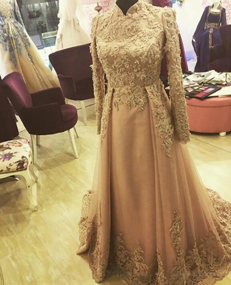 Elegant Overskirts Prom Dress Long Sleeve Dubai Indian Style High Neck Evening Gown Muslim Party Dresses Custom