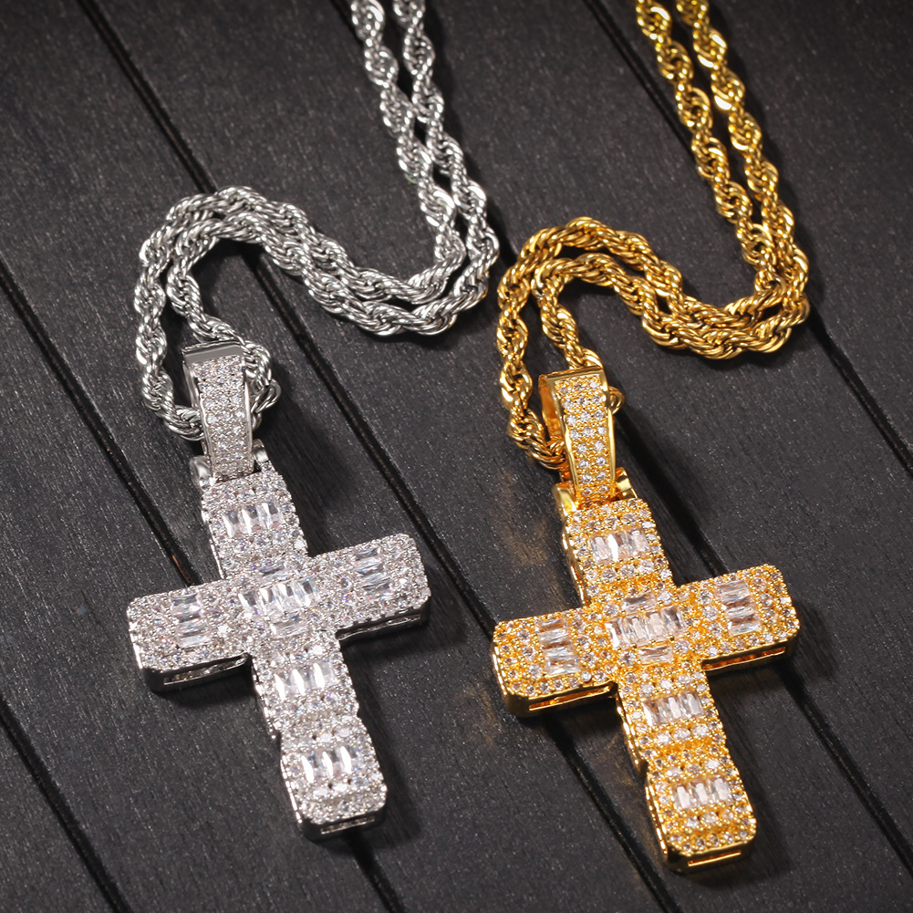 Hip Hop Shining White Zircon Cross Pendant Necklace Platinum Plated Necklace Men Women Lover Gift Religious Jewelry