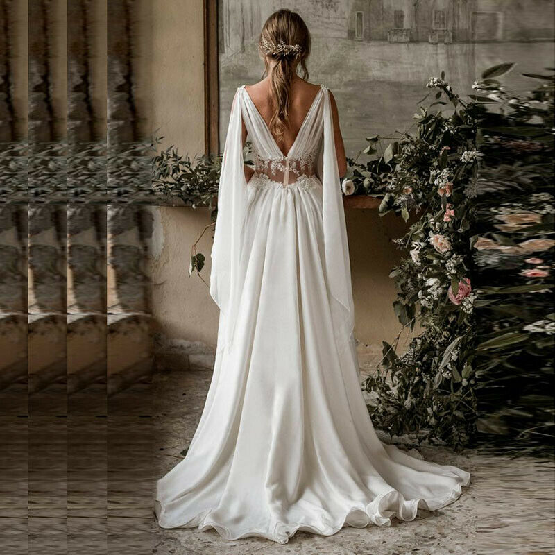 Berta Beach Wedding Dresses Chiffon V Neck Lace Appliqued Bridal Gowns Illusion Backless Bohemian Floor Length Wedding Dress