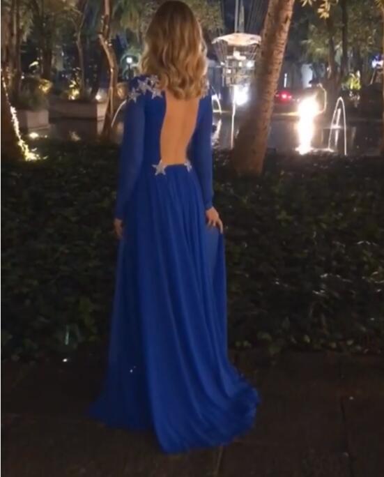 Blue Royal Mermaid Beaded Evening Dresses With Long Sleeves Bateau Neck Backless Formal Dress Overskirt Chiffon Sequined Prom Gowns