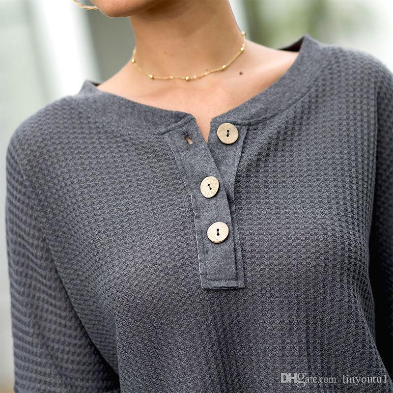 hot sale Women Autumn Blouse Waffle Button Up Front Oversize Loose Knit Blouse Shirt Tops Women Blusas 2019 Fall New