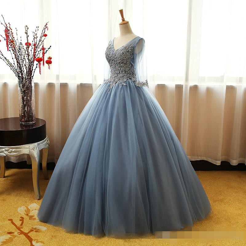 Dusty Blue Quinceanera Dresses 2020 3/4 Long Sleeves Illusion Tulle Sheer V Neck Gold Applique Beaded Sweet 16 Prom Ball Gown Custom Made