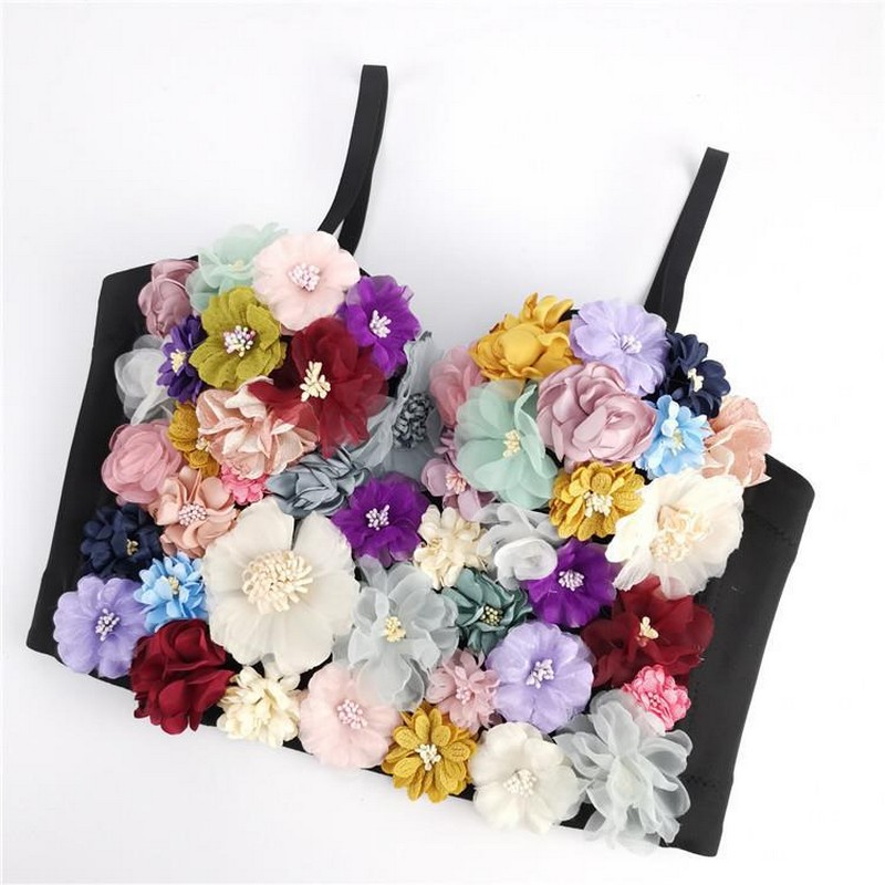 Women Multicolor Floral Embroidery Bralette with Colorful Three-Dimensional Cups and Flowers Appliques Fashion Crop Top Tube Top Strap S-L