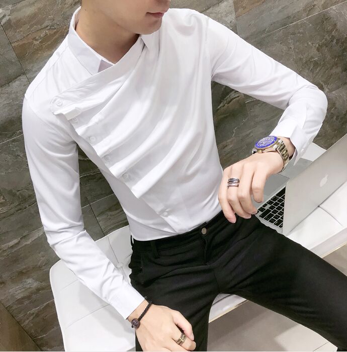 Men's Casual Shirts Nightclub Metrosexual Clothes Man Slim Personality Folds Oblique Breasted Long Sleeved Male Fashion Tops 2Color, Black
Men's Casual Shirts Nightclub Metrosexual Clothes Man Slim Personality Folds Oblique Breasted Long Sleeved Male Fashion Tops 2Color, Black