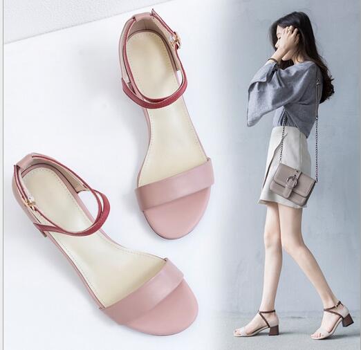 New-style first-tier cowhide color matching simple word with thick middle heel and Korean version of ladies sandals, Black
New-style first-tier cowhide color matching simple word with thick middle heel and Korean version of ladies sandals, Black