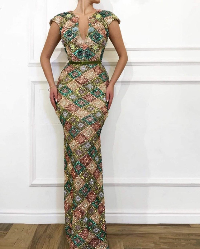 Sequins Long Mermaid Prom Dresses 2020 Sparkly Elegant Cap Sleeve V-neck Arab Women Trumpet Occasion Evening Gown robe de soiree