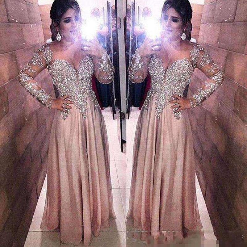 Sexy Bling Evening Dresses for Women Wear Sweetheart Long Sleeves Silver Crystal Beaded Chiffon Floor Length Formal Prom Dress Party Gowns