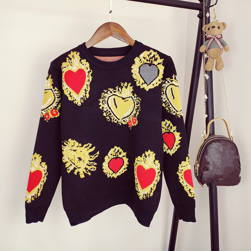 2019 Autumn Sweater Women Winter Heart Pattern Printed Knitwear Pullover Loose Jumper Vintag Warm Office Lady Knitted Sweater V191130