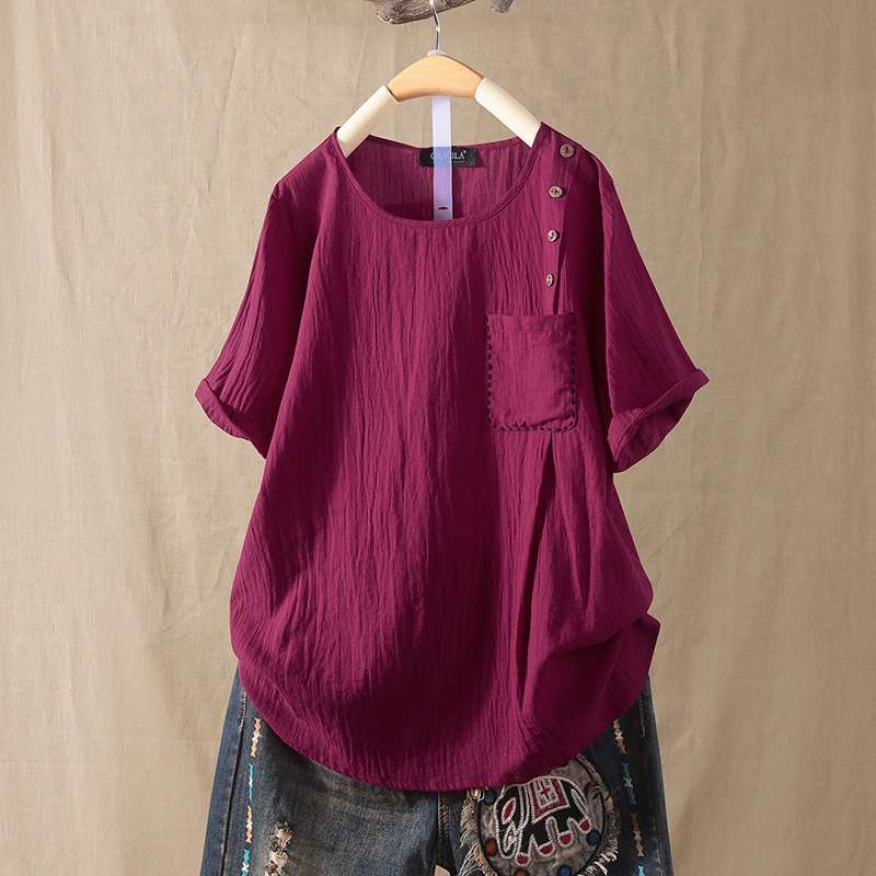 Plus Size Women Summer Blouse 2020 Fashion Pleated Tops Casual Short Sleeve Tee Shirts Female O Neck Button Blusas Solid Tunic, Wine red 
Plus Size Women Summer Blouse 2020 Fashion Pleated Tops Casual Short Sleeve Tee Shirts Female O Neck Button Blusas Solid Tunic, Wine red