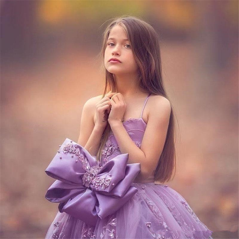 Spaghetti Ball Gown Girl's Pageant Dresses with Lace ral Appliques wer Girl Dress Cute Puffy Tulle Prom Gowns Kids Formal Wear