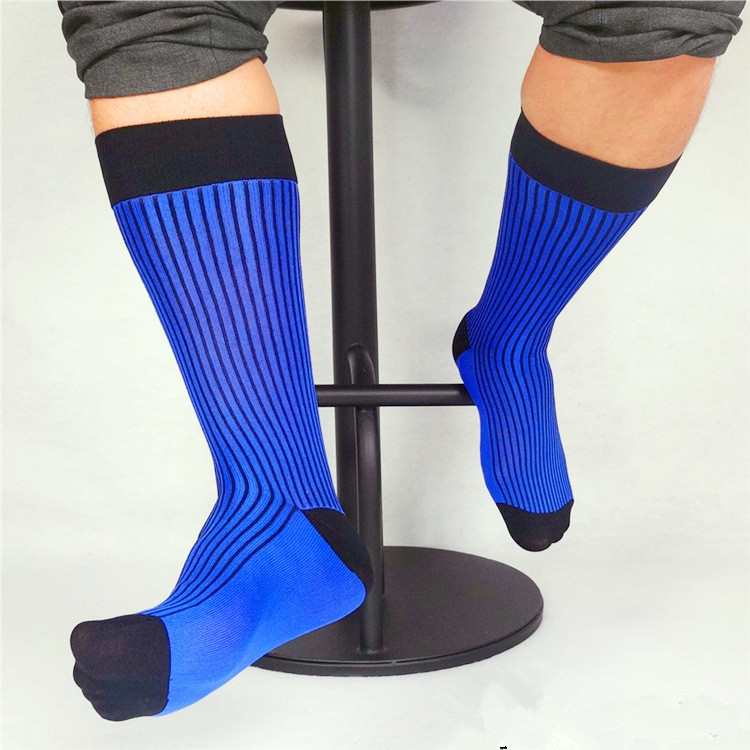 Spring Winter Men Business Socks Striped Mesh Nylon Blue Silk Socks Soft Sheer Light Weight Formal Dress Suit Knee Length Long Socks