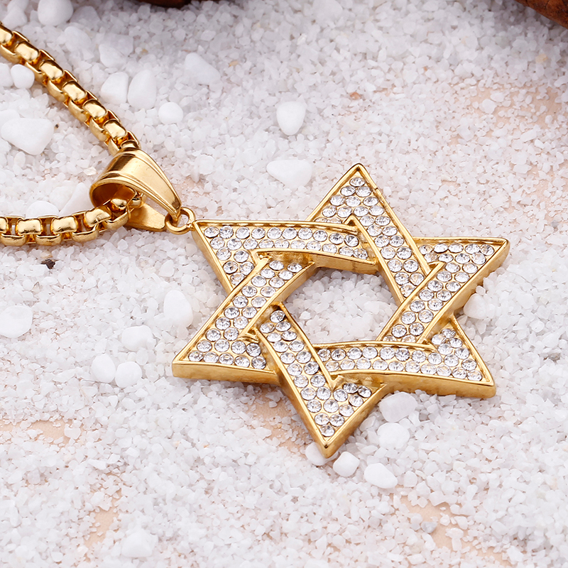 Men Hip Hop Six-star Pendants Necklace 316L Stainless Steel Full Cubic Zirconia Setting 18K Gold Plated Jewelry