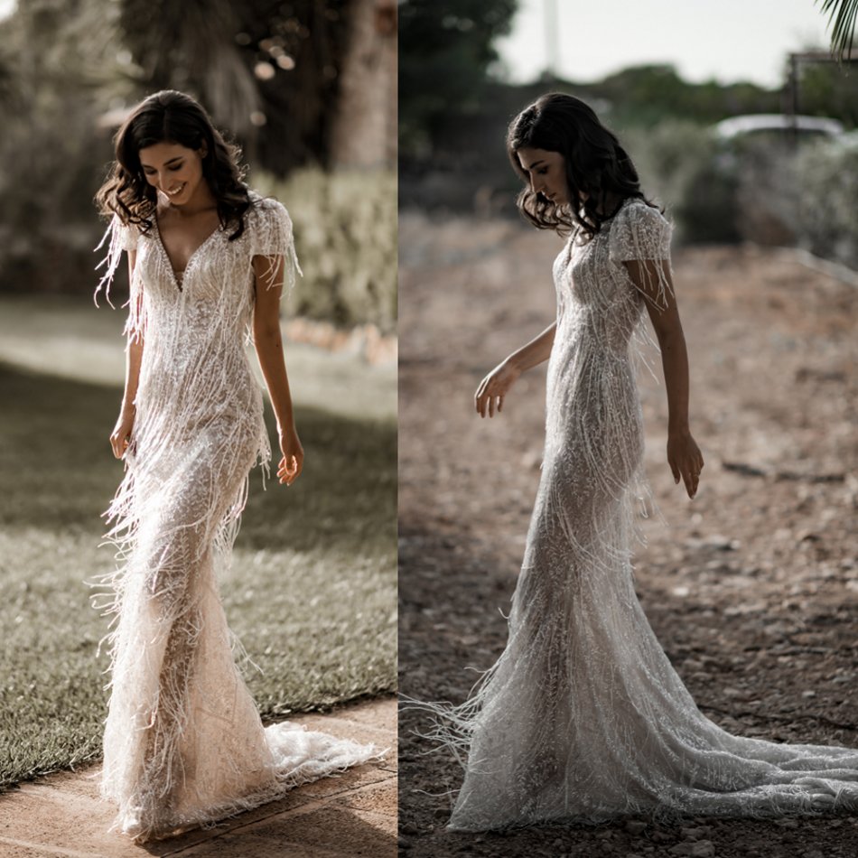 Luxury Feather Beads Mermaid 2020 Wedding Dresses Lace Appliqued Short Sleeve V Neck Bridal Gowns Sweep Train Robe De Mariée, Sage
Luxury Feather Beads Mermaid 2020 Wedding Dresses Lace Appliqued Short Sleeve V Neck Bridal Gowns Sweep Train Robe De Mariée, Sage