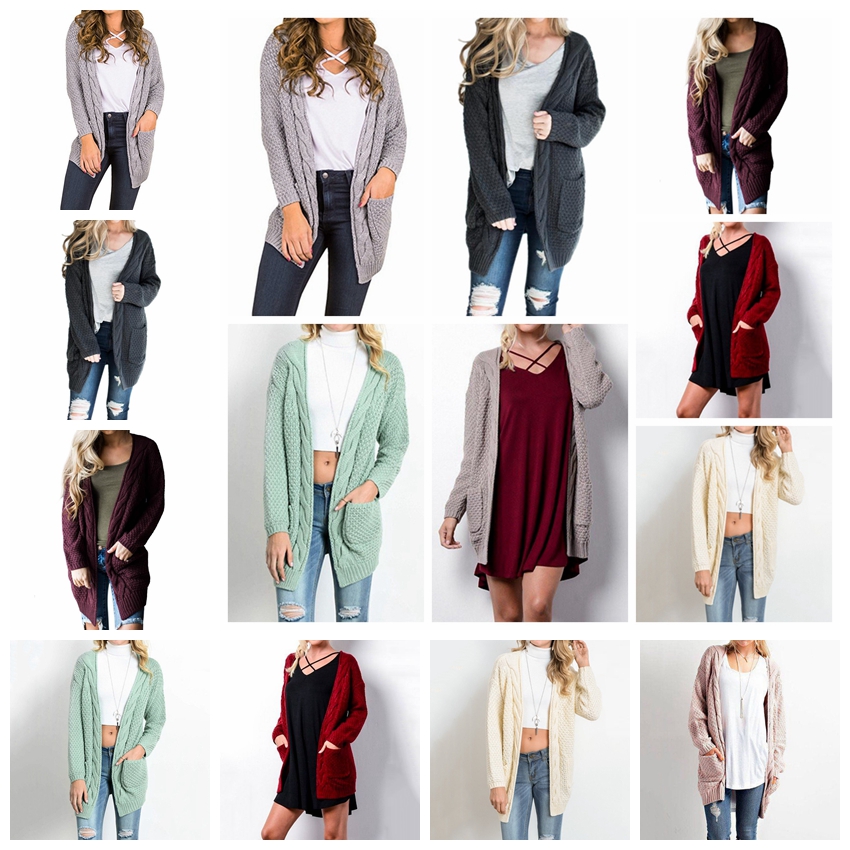 Knits autumn winter European style long solid color pocket sweater twist sweater khaki pink black gray support mixed batch