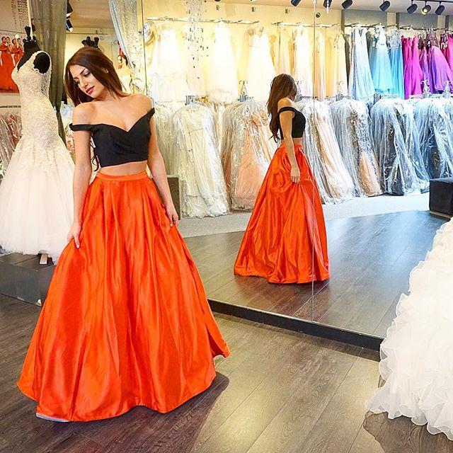 Two Pieces Prom Black And Orange Floor-Length Sweetheart Evening Dresses Piping Fashion Backless Party Formal Tail Gown M28 0513