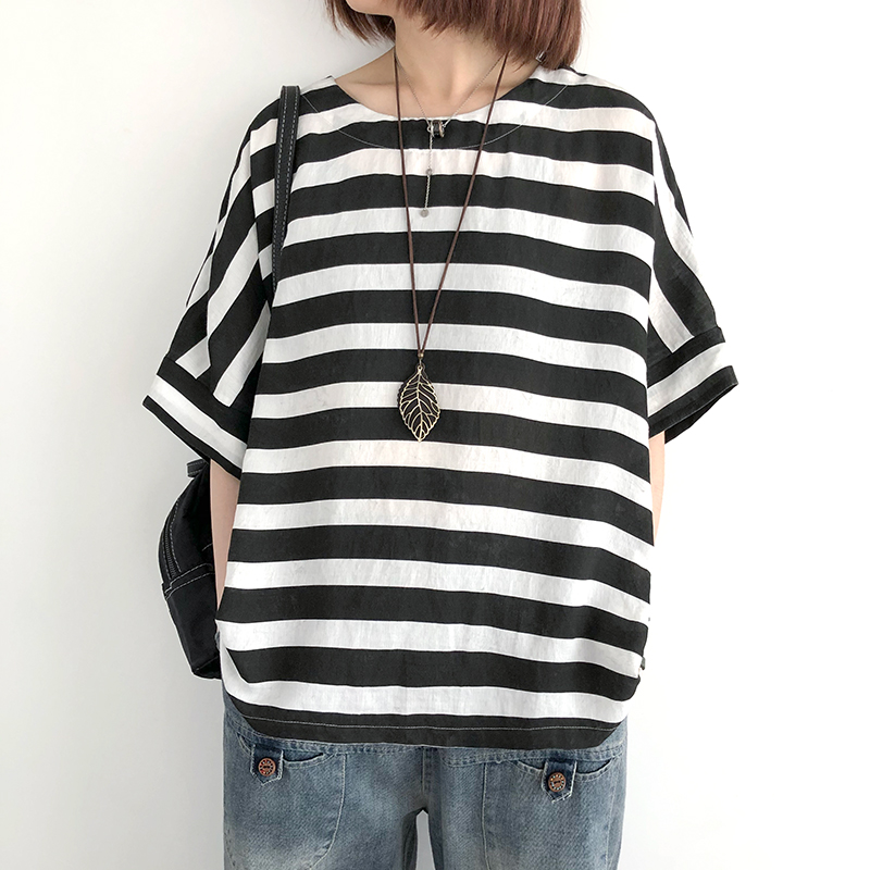T-shirt Women Striped Short Sleeve Summer New Style Female Clothes Loose Cotton Linen Simple Large Size O Neck Women Tops, Black
T-shirt Women Striped Short Sleeve Summer New Style Female Clothes Loose Cotton Linen Simple Large Size O Neck Women Tops, Black