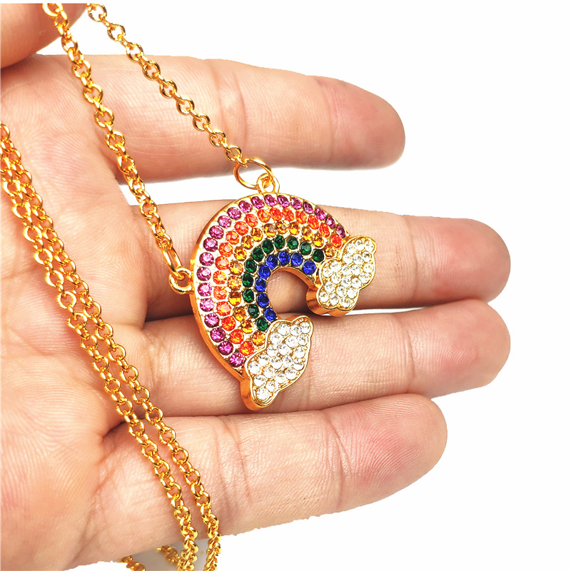 Hip Hop Romantic Rainbow Shape Pendant Necklace Shining Diamonds Women Men 18K Gold Plated Charm Pendants Jewelry