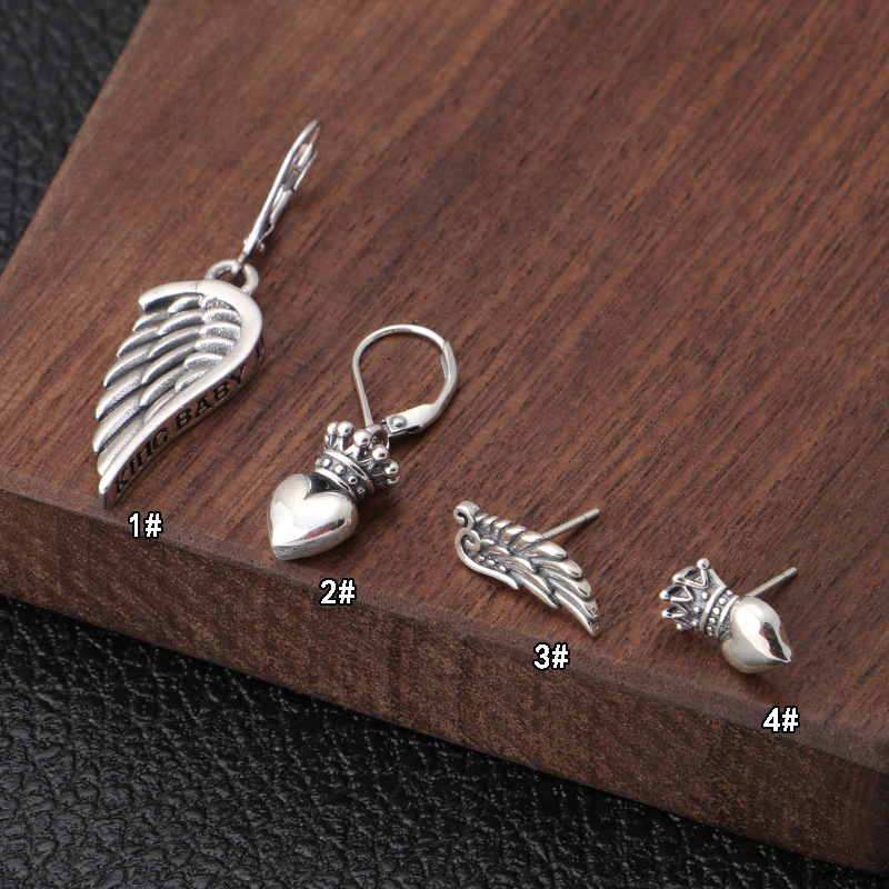 Brand new 925 sterling silver jewelry American antique silver hand-made designer heart crown wings earrings gift for women