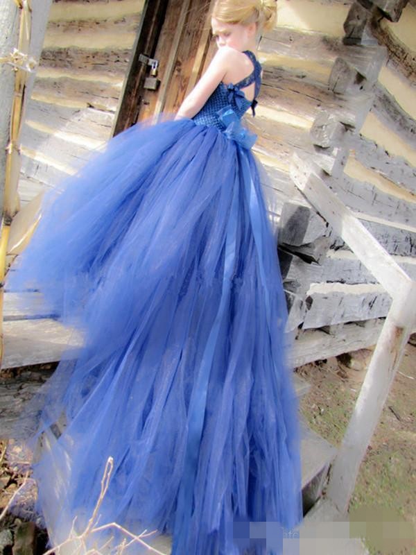 wer Blue Girls Dresses Straps Tulle Chapel Train Sash Bow Princess Formal Wedding Party Gown Ballgown Pageant Wear Custom Made
