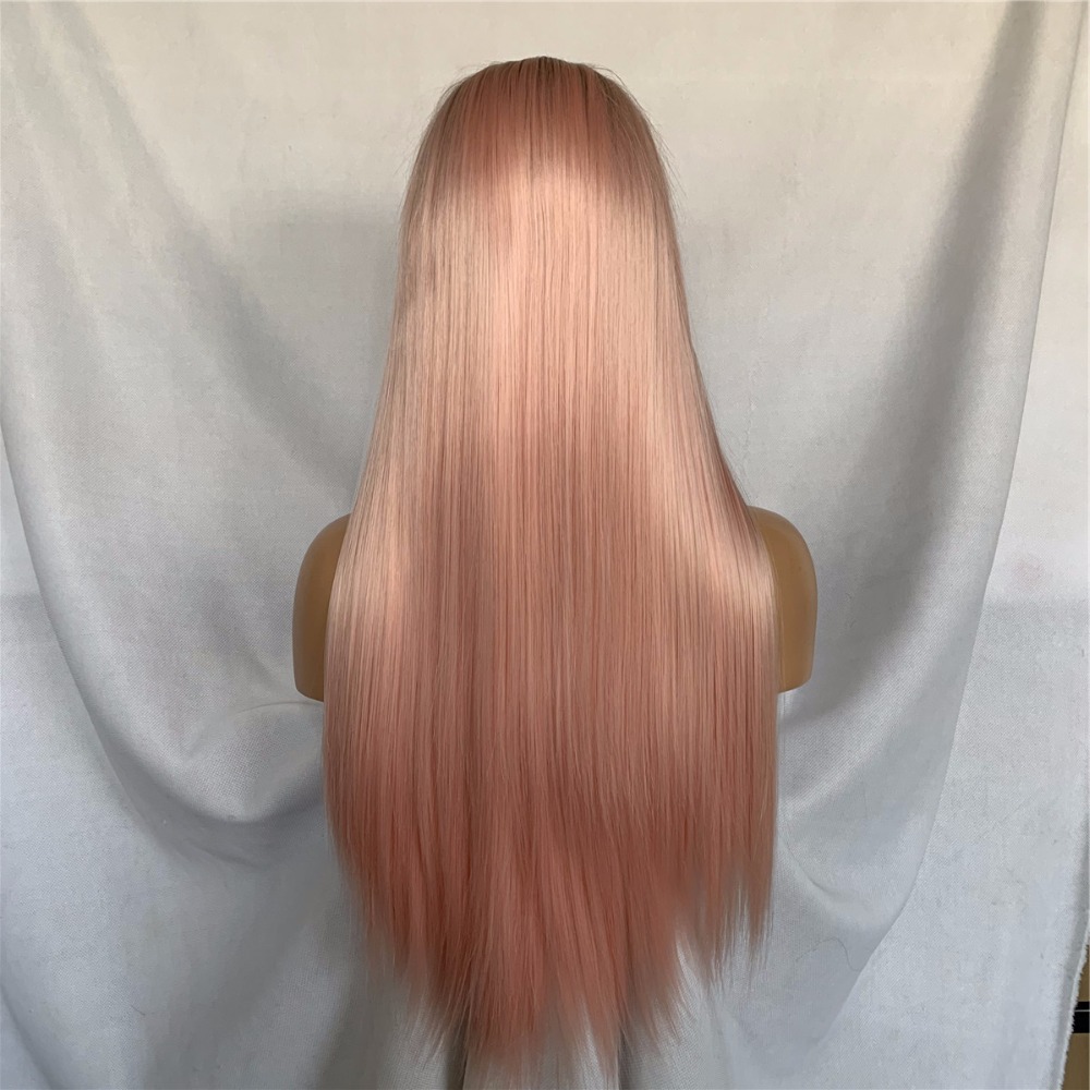 Middle Parting Long Hair Silky Straight Ombre Pink Lace Front Wig Heat Resistant Synthetic Wigs For American Black Women