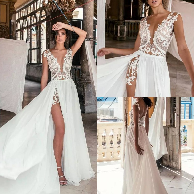 deep v neck sexy boho wedding dresses beach bridal gowns thigh high slits lace applique backless robes de marie