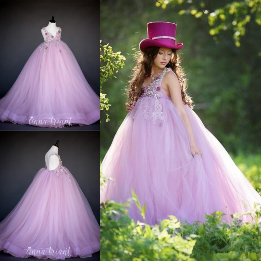 Lavendar Puffy Flower Girls Dresses For Wedding V Neck Lace Beads Backless Princess Kids Pageant Gowns Evening Party Formal Dress