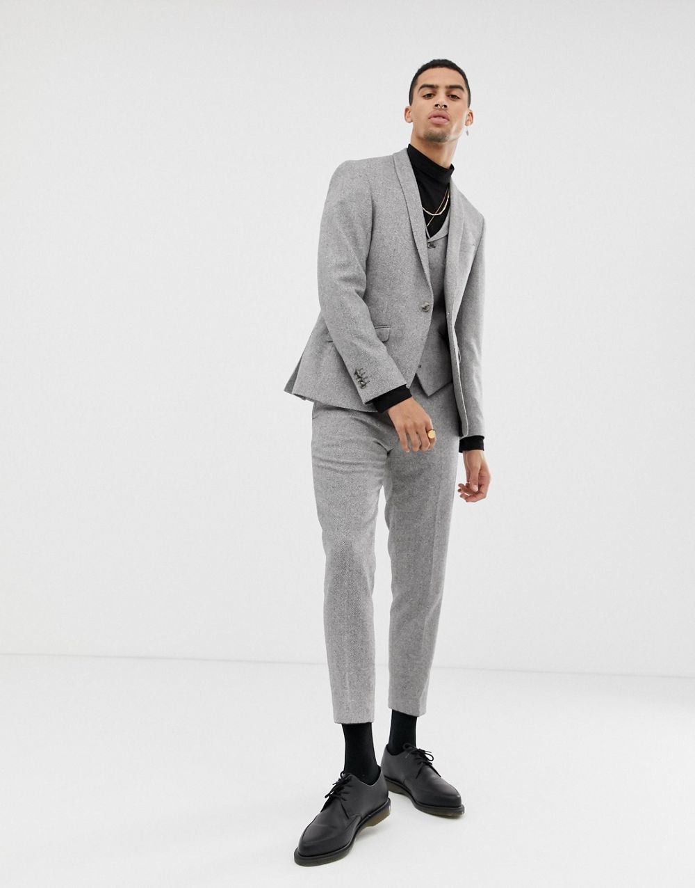 Mens Light Gray Mens Suits Herringbone 3 Piece Suits Wool Vintage Wedding Tailored Fit One Button Formal Occasion Suits Party Wear