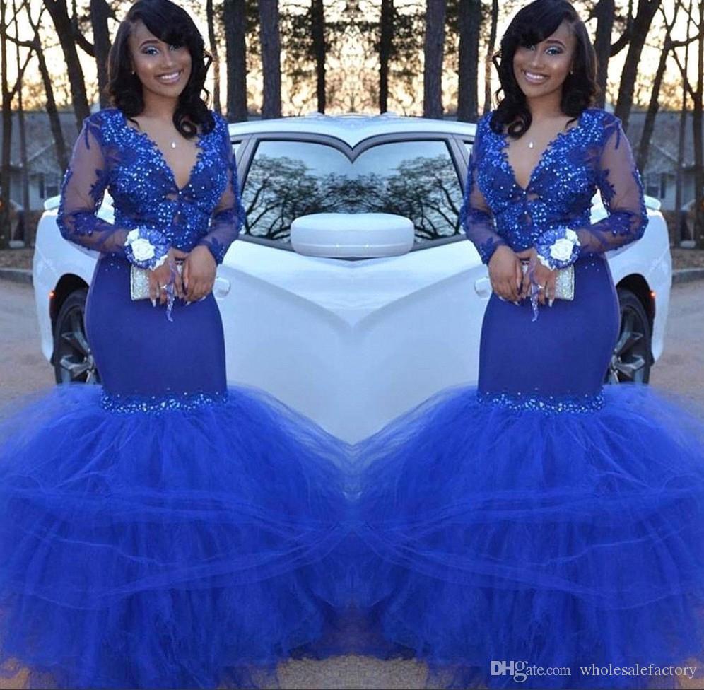 Sexy Royal New Blue Lace Mermaid Prom Dresses V Neck Sheer Long Sleeves Tulle Applique Beaded Formal Party Wear Gowns Robe De Mariee