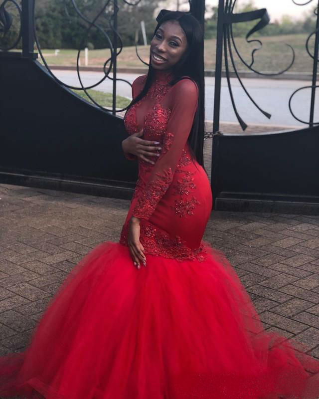 2019 Red Mermaid Prom Dresses High Neck Lace Applique Beaded Black Girls Evening Dress Long Sleeve Tulle Cocktail Party Gowns robes de soiré