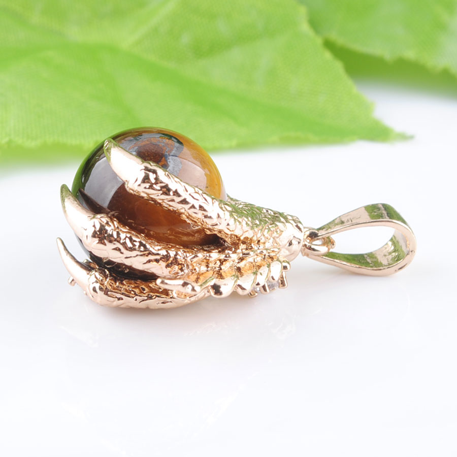 WOJIAER Natural GemStones Gold Colors Dragon Claw Pendant & Necklace Round Tigers Eye Bead Jewelry BN308