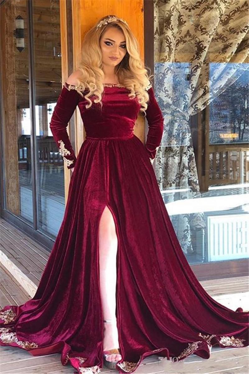 Formal A Line Velvet Burgundy Prom Dresses Long Sleeves Off the shoulder Side Split Party Dress Evening Wear Custom Made, Dark red
Formal A Line Velvet Burgundy Prom Dresses Long Sleeves Off the shoulder Side Split Party Dress Evening Wear Custom Made, Dark red