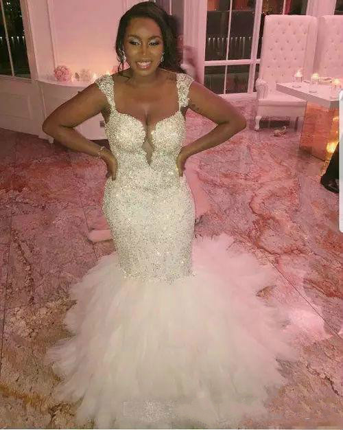 Shiny Luxury African Mermaid Wedding Dress Custom Cap Sleeves Major Beaded Wedding Dresses Tiered Ruffles Sweep Train Bridal Gowns Plus Size