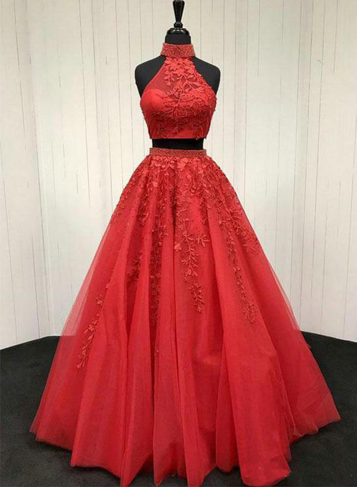 Jewel Red two pieces Prom Dresses A Line Red Evening Dresses High Collar Backless Occasion Party Gowns Custom Made